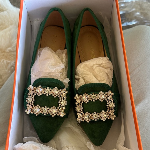 VICI Vanderpump Chase + Chloe Suede Emerald Flats with Crystal Buckle 6.5 - Picture 4 of 5
